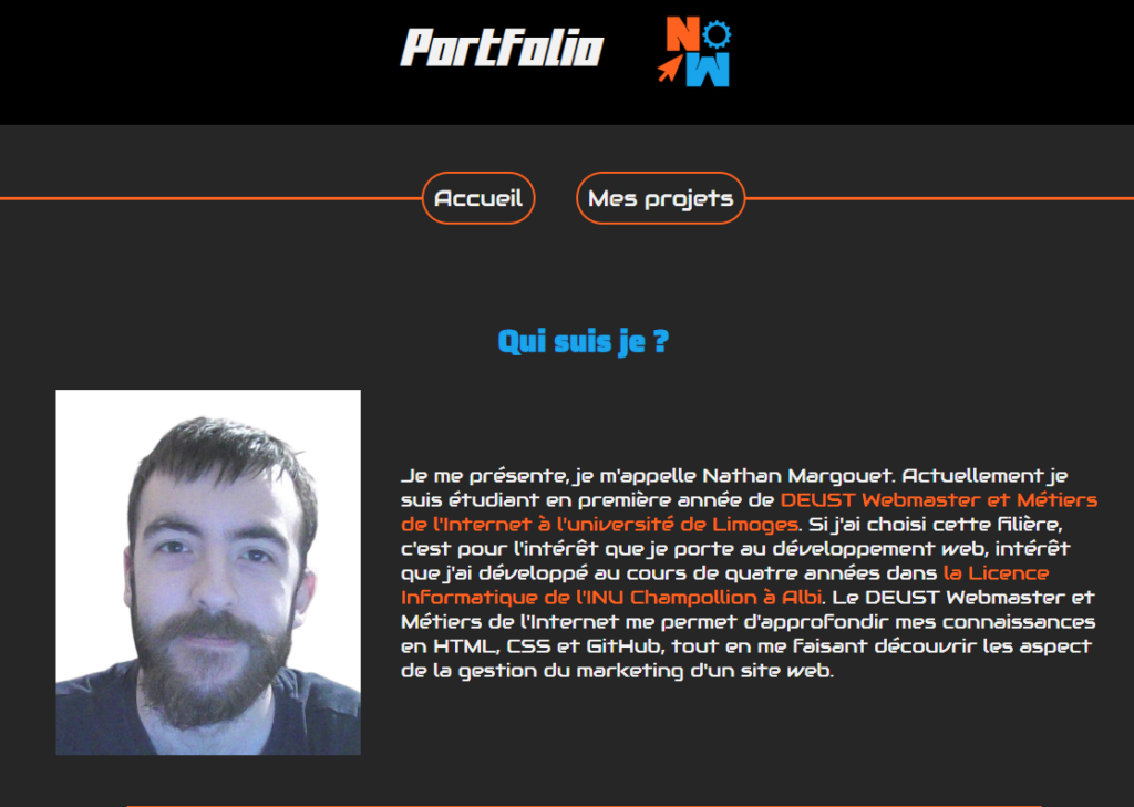 Capture d’écran du portfolio GitHub de Nathan Margouet présentant une section « Qui suis-je ? » une présentation de son parcours en développement web et de son choix du DEUST Webmaster et métiers de l’internet.