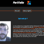 Capture d’écran du portfolio GitHub de Nathan Margouet présentant une section « Qui suis-je ? » une présentation de son parcours en développement web et de son choix du DEUST Webmaster et métiers de l’internet.