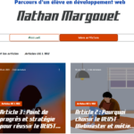 Capture d’écran du site Wix de Nathan Margouet présentant des articles sur son parcours en développement web et son choix de rejoindre le DEUST Webmaster et métiers de l’internet.